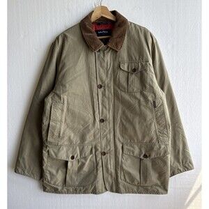 Vintage Nautica Mens Large Green Chore Barn Jacket Brown Corduroy Collar Outdoor